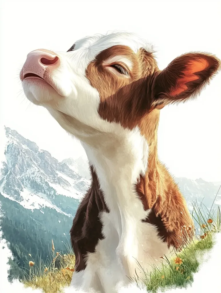 A young brown and white cow with a soft, fluffy coat is captured in a portrait. Its head is tilted upwards, one eye closed, as if basking in the sun. The cow's relaxed posture and gentle expression suggest a peaceful scene, perhaps a moment of contentment in a grassy meadow.  The backdrop features a mountain range in the distance, adding a touch of grandeur to the image.