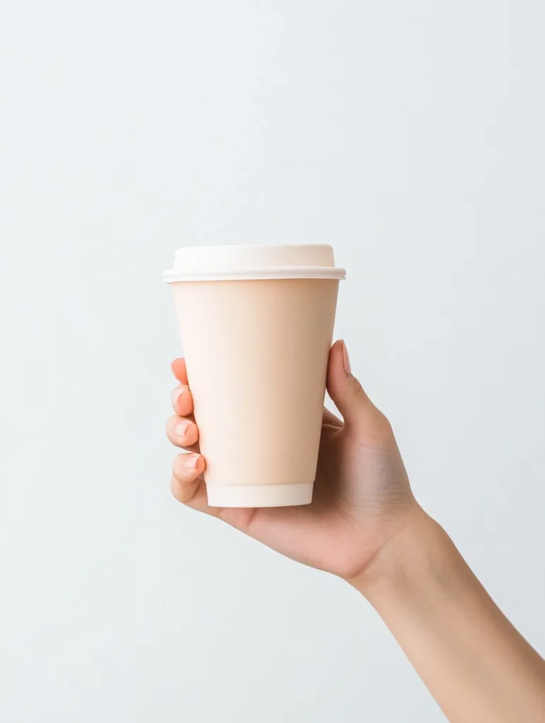 A hand holds a disposable coffee cup in front of a white background. The cup is made of cardboard and has a white lid. The hand is reaching out towards the camera. The image is simple and clean, with a focus on the coffee cup.  The image could be used to promote coffee or to show a product's simplicity.