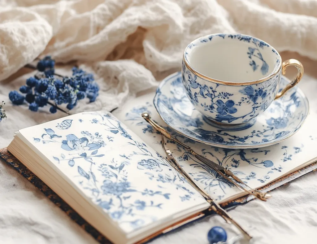 A delicate porcelain teacup and saucer with a blue and white floral pattern rest on a  white cloth.  The saucer is partially overlapping an open book with a similar floral design. A pair of gold-trimmed reading glasses lies on the book. A sprig of dried blue flowers sits nearby.  The overall scene evokes a sense of tranquility and refinement.