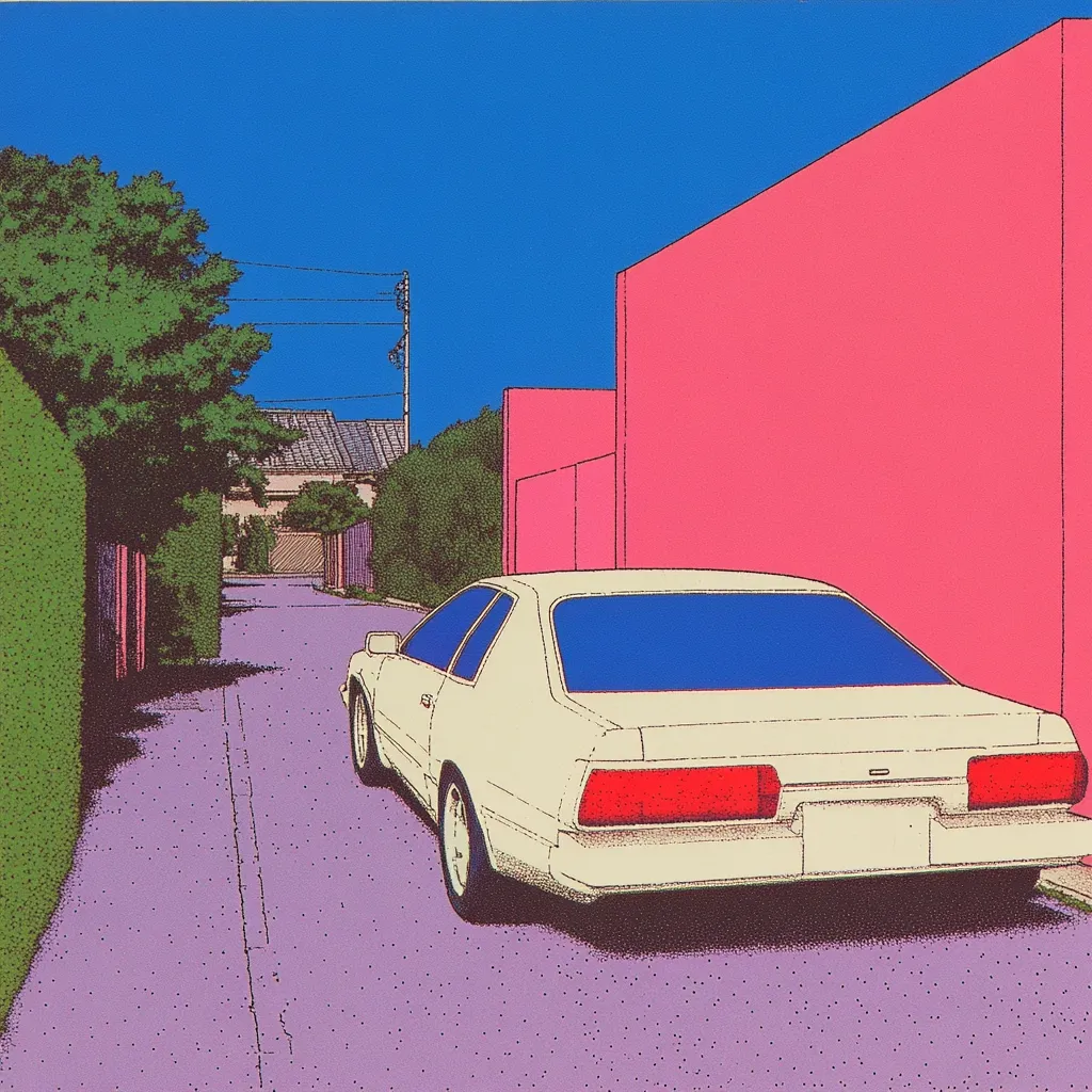 A white car sits in a narrow street, parked on the right side of the road. The road is flanked by green hedges and a pink wall, which extends into the distance.  The sky is a bright, clear blue, and the overall aesthetic is reminiscent of a retro anime style. The image is composed of simple shapes and bold colors.