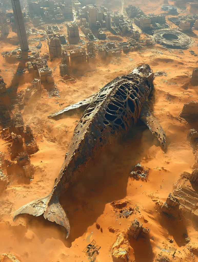The image depicts a skeletal whale carcass lying in a vast desert landscape. The whale's bones are partially buried in the sand, with the tail sticking out. In the background, a crumbling city skyline can be seen, hinting at a past civilization that has succumbed to the harsh desert environment. The image creates a sense of desolation and the passage of time, with the whale's remains serving as a stark reminder of the fragility of life.