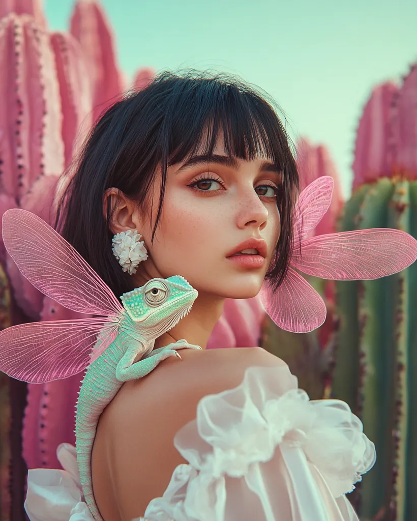 A young woman with dark hair and bangs, wearing a white dress with ruffles, poses against a backdrop of pink cactus. A teal-colored chameleon with pink fairy wings sits on her shoulder, adding a whimsical and surreal touch to the image. The woman's expression is soft and dreamy, further enhancing the ethereal atmosphere of the photograph.