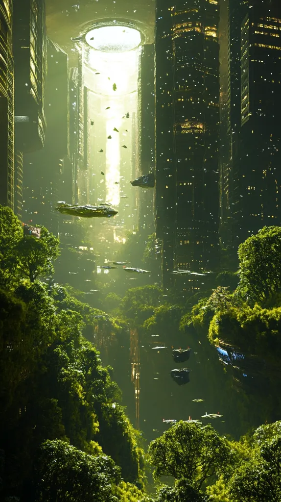 The image depicts a futuristic city shrouded in greenery. Tall, sleek buildings with illuminated windows line the sides of a deep, lush canyon. A bright light emanating from the top of the canyon illuminates the scene, casting a golden glow on the surrounding vegetation. Several unidentified flying objects, possibly spacecraft, traverse the sky, suggesting a technologically advanced society. The image evokes a sense of wonder and mystery, hinting at a harmonious coexistence between nature and technology.