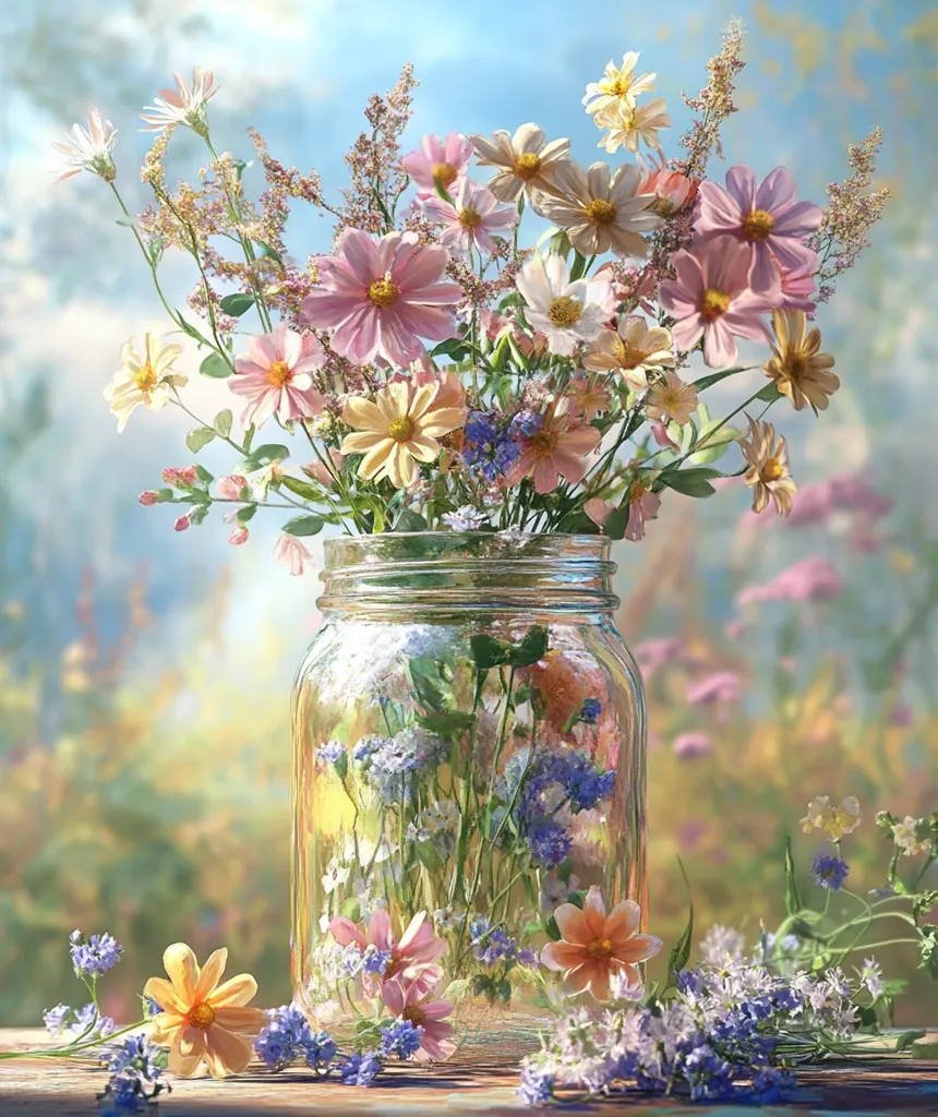A mason jar filled with a vibrant bouquet of pink, white, and yellow flowers sits on a wooden table. The flowers are arranged artfully, with some spilling over the edge of the jar. The background is a soft, blurred image of a garden, with a hint of blue sky. The overall feeling of the image is one of gentle beauty and summertime joy.