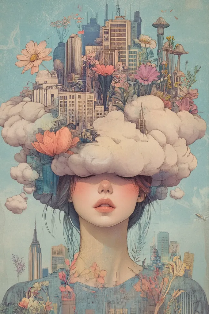 A woman with closed eyes sits in front of a backdrop of a city skyline with buildings and flowers blooming from the top of the buildings. The city is covered in a cloud, and she is surrounded by plants and flowers. The image has a dreamy and surreal feel to it.