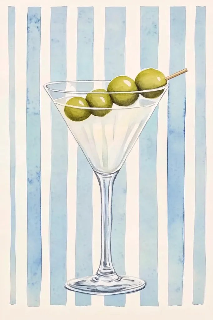 A watercolor painting of a martini glass filled with a clear liquid. Three green olives are skewered on a toothpick and rest on the rim of the glass. The background is a light blue and white striped pattern. The painting is rendered in a whimsical, stylized manner.