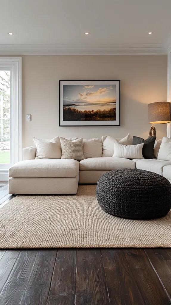 The image shows a living room with a large, white sectional sofa in the center. The sofa has a variety of pillows in neutral tones and is situated on a light beige rug. A large black and white photograph hangs on the wall above the sofa, and a black floor lamp stands on the right. The room has a light, airy feel with white walls and wood floors.  The image is taken from a low angle, looking up at the sofa.