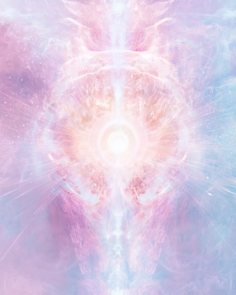 The image is a swirling, abstract representation of light and energy. It is primarily composed of shades of pink, white, and blue, with a central core of intense white light. This light radiates outwards, creating a sense of motion and expansion. The surrounding colors are blurred and textured, evoking a feeling of ethereal beauty and cosmic wonder. The overall composition is symmetrical and balanced, suggesting harmony and interconnectedness. The image could be interpreted as a representation of spiritual energy, the birth of a star, or the infinite potential of the universe.