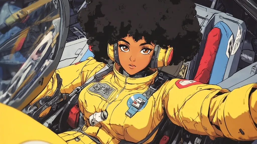 The image is a close-up of a woman with a large afro wearing a yellow flight suit. She is sitting in a cockpit, likely a spacecraft. The image is drawn in a cartoon style. The woman is looking directly at the viewer. The image has a futuristic feel and focuses on her determined expression.
