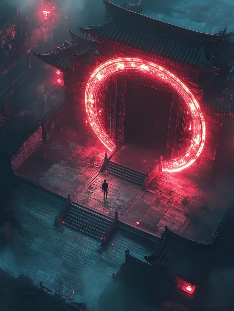 The image depicts a mysterious and ethereal scene. A glowing red circular portal, seemingly made of energy, is framed within the architecture of an ancient-looking building. The building, with its dark stone walls and intricate details, appears to be a temple or shrine. A lone figure stands at the base of the stairs leading up to the portal, gazing at its entrance. The scene is shrouded in mist, adding to its sense of mystery and intrigue. The overall mood is one of anticipation, wonder, and perhaps a hint of unease.