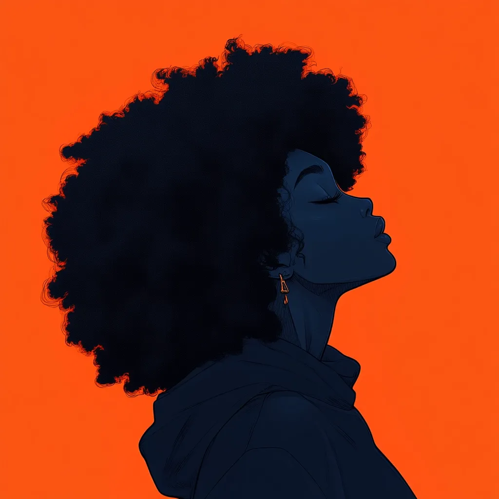 The image is a minimalist portrait of a Black woman with a large afro. She is wearing a hoodie and has her eyes closed. Her face is turned to the side, and she appears to be in a state of deep thought. The background is a solid orange color, which creates a stark contrast to the woman's dark silhouette. The image has a sense of peace and serenity, and it celebrates the beauty of Black womanhood.