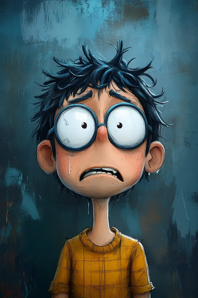 The image depicts a young boy with dark hair and glasses, wearing a yellow plaid shirt, looking up with a worried expression. His eyes are wide open, his mouth is slightly open, and tears are streaming down his face. The background is a dark blue, textured surface, suggesting a sense of unease or sadness. The overall feeling of the image is one of anxiety and vulnerability.