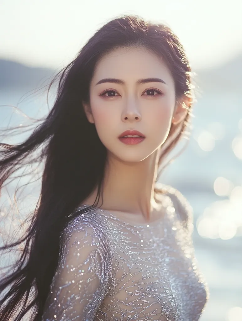 A young woman with long black hair, wearing a silver sequined dress, poses for a portrait. Her hair flows in the wind and her face is soft and delicate. The background is blurred, with a soft focus on the water and sunlight. The image has a dreamy and ethereal quality.