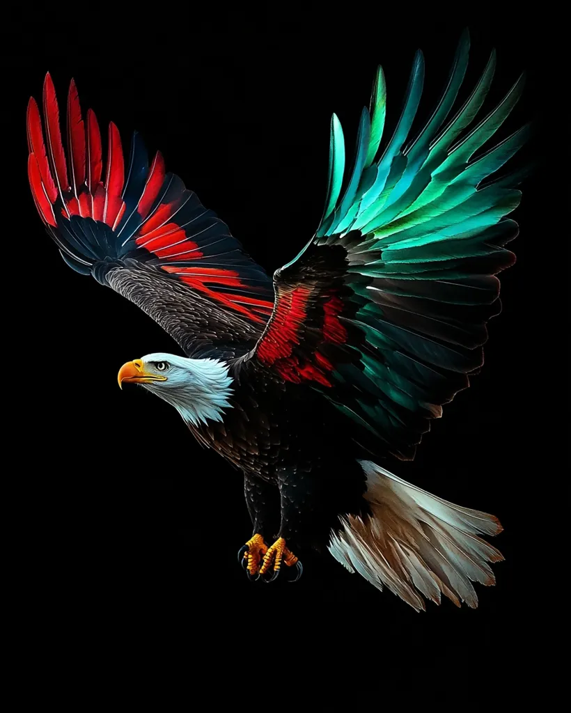 A bald eagle with striking red, green, and black plumage soars against a black background. Its wings are spread wide, showcasing intricate patterns and textures. The eagle's keen eyes and sharp talons are visible as it gracefully glides through the air. The image captures the majesty and power of this iconic bird.