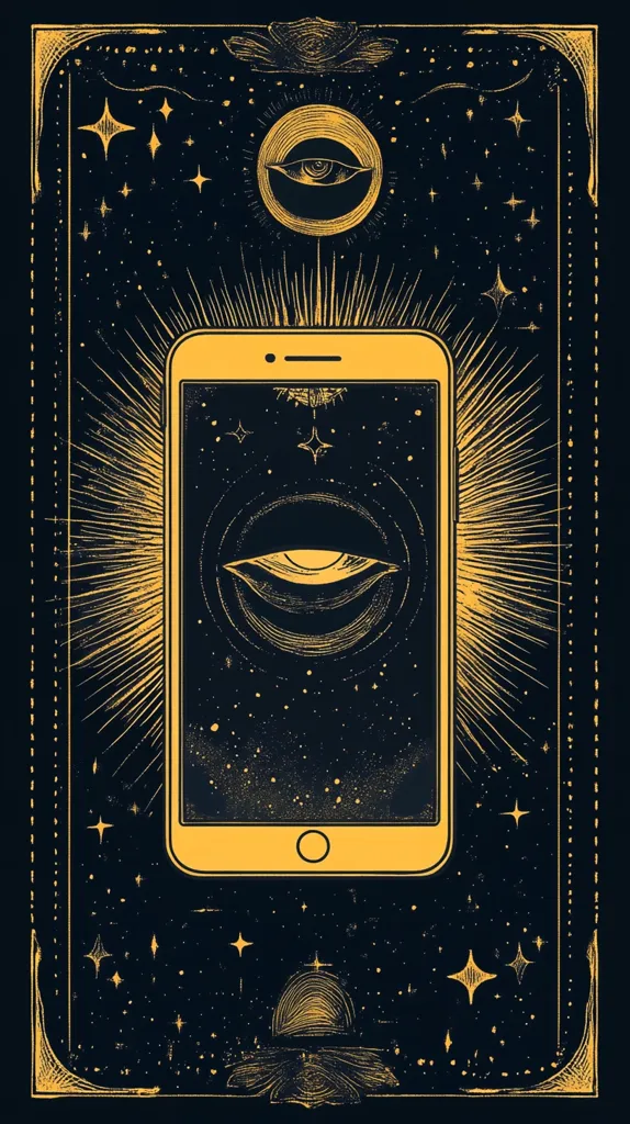 The image depicts a stylized smartphone with an all-seeing eye within the screen, surrounded by stars and radiating light. It has a vintage, almost tarot-like aesthetic with a dark background and gold accents. The image suggests a connection between technology and the unseen, possibly implying that our digital world is under constant observation.