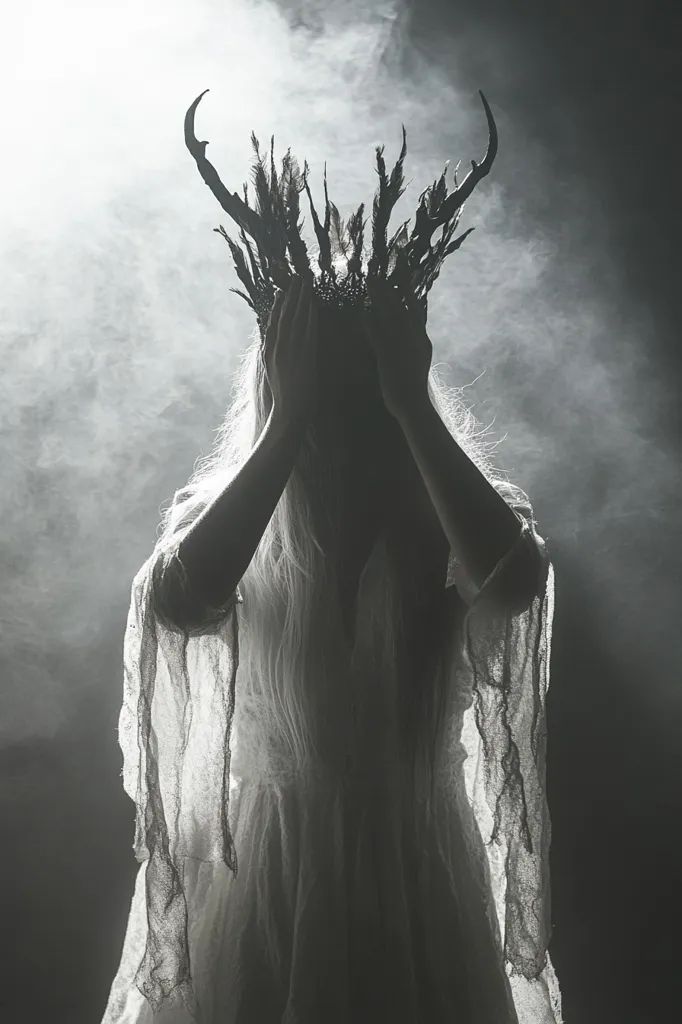 The image is a black and white photograph of a woman wearing a white gown with a crown made of antlers and feathers on her head. She is shrouded in smoke and her hands are covering her face. The image has a mystical and ethereal atmosphere. The lighting is dramatic, creating strong shadows and highlights. The woman's expression is obscured, creating an air of mystery and intrigue.