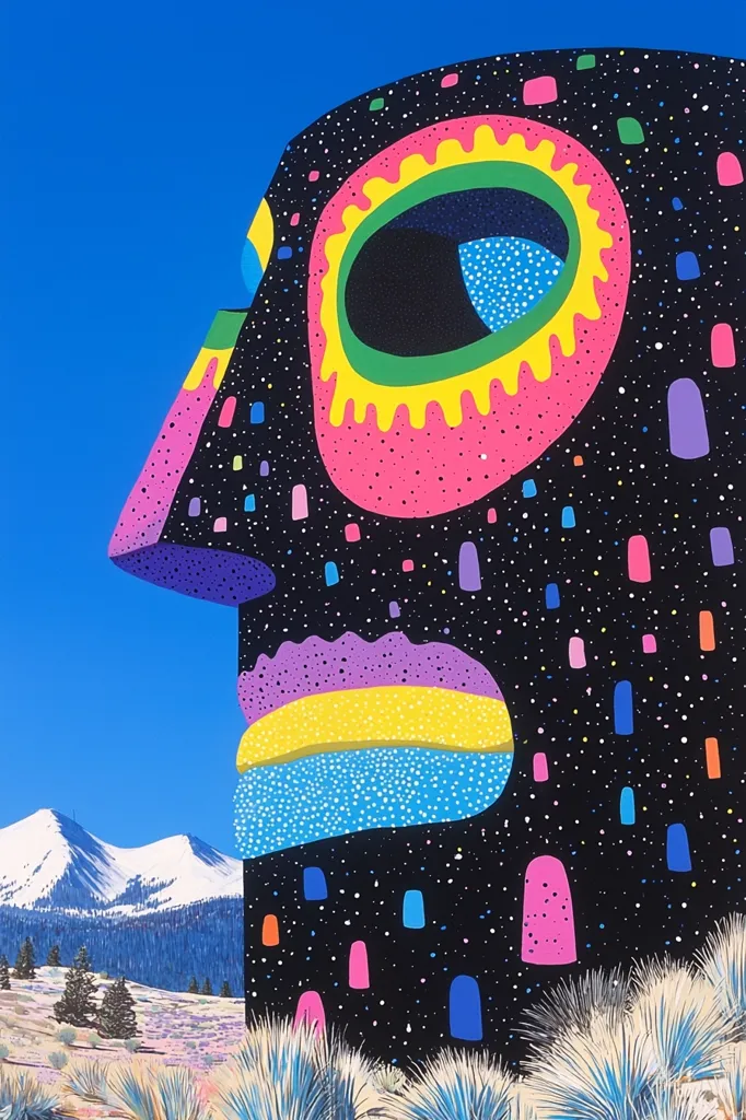 The image is a colorful abstract portrait of a face. It is painted on a black background with bright pink, yellow, blue, and green colors. The face is looking to the right, and there are snowy mountains in the background. The painting has a whimsical and playful feel.  The artist used a bold and expressive style to create a unique and eye-catching piece of art.
