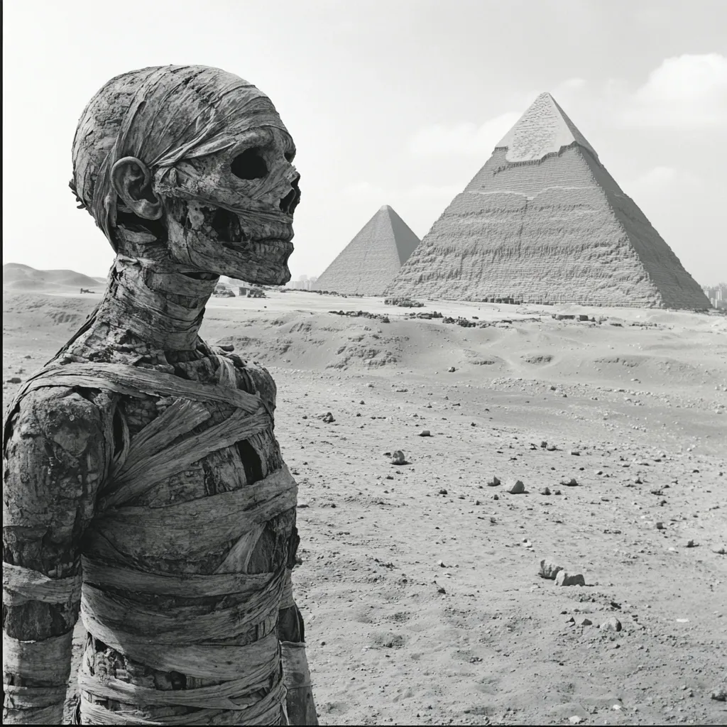 A partially decayed mummy stands in the desert, facing away from the viewer.  It is wrapped in tattered linen, its bony head turned slightly towards two massive pyramids in the distance.  The scene is in black and white, highlighting the starkness of the desert landscape. The image evokes a sense of ancient mystery and the passage of time.