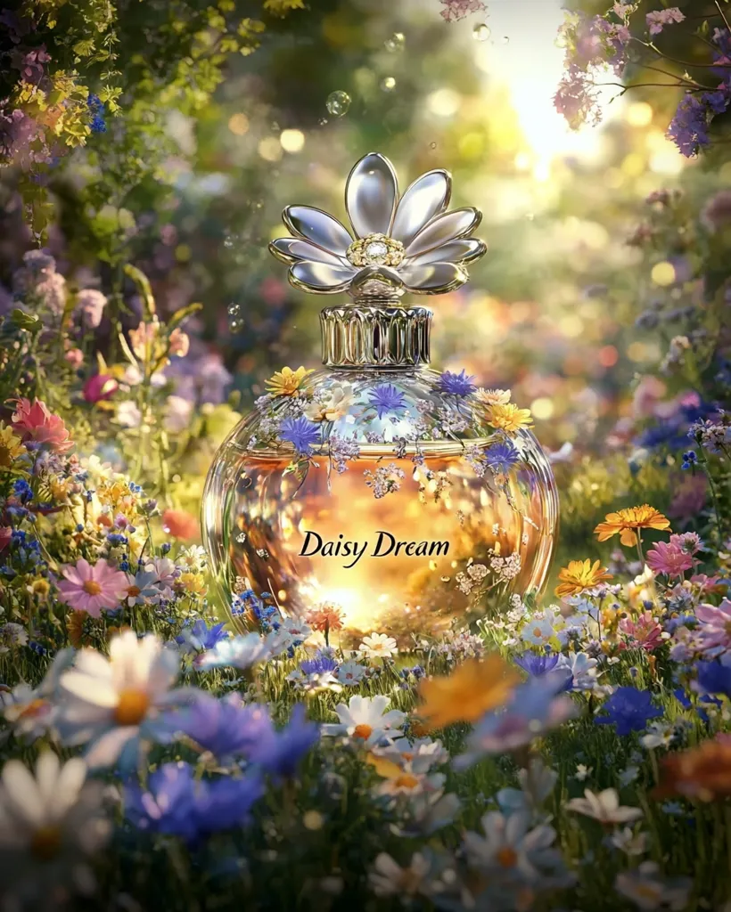 A bottle of perfume, named "Daisy Dream", sits nestled amidst a field of vibrant wildflowers. The bottle's design features a delicate daisy-shaped cap, reflecting the floral theme of the fragrance. The golden liquid within the bottle shimmers, capturing the warm glow of the sun shining through the flowers. The image evokes a sense of delicate beauty and the sweet scent of a summer meadow.