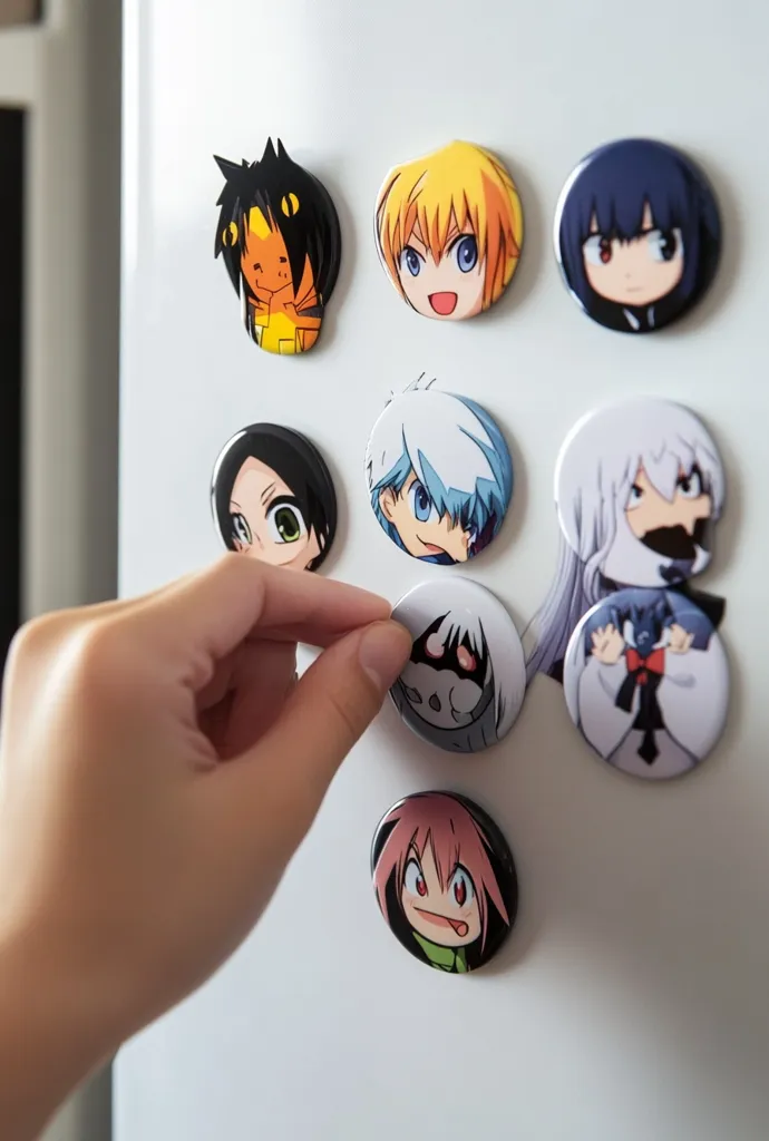 A hand is reaching toward a fridge with eight round anime character magnets attached to it. The magnets feature different characters with a variety of expressions and hairstyles. The fridge is white, and the hand is partially visible.