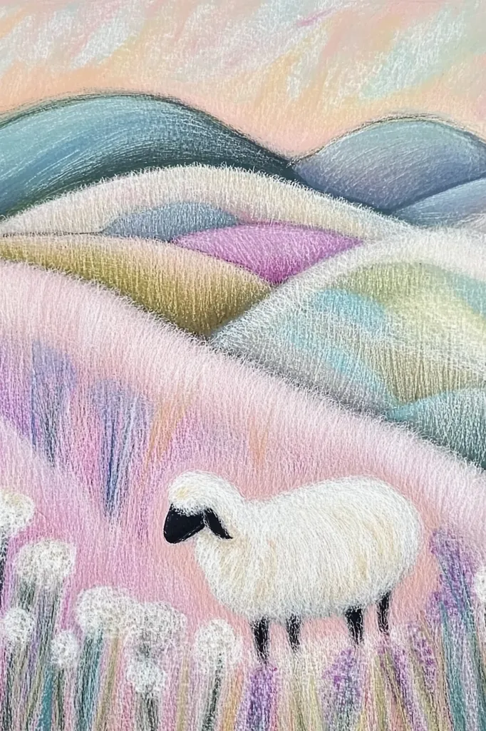The image depicts a peaceful landscape with a fluffy white sheep standing in a field of pink and purple flowers. The background features a soft, pastel sky with rolling hills painted in shades of green, blue, and white. The scene evokes a sense of tranquility and serenity, reminiscent of a calming countryside vista.