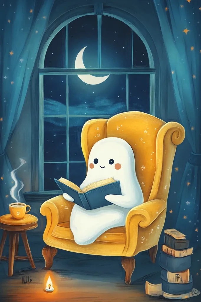 A white ghost is sitting in a yellow armchair, reading a book. There is a cup of steaming coffee on a nearby table and a lit candle on the floor. The ghost is sitting in front of a window with a crescent moon and stars visible outside. A stack of books sits on the floor next to the armchair. The image is drawn in a cartoon style with soft colors.