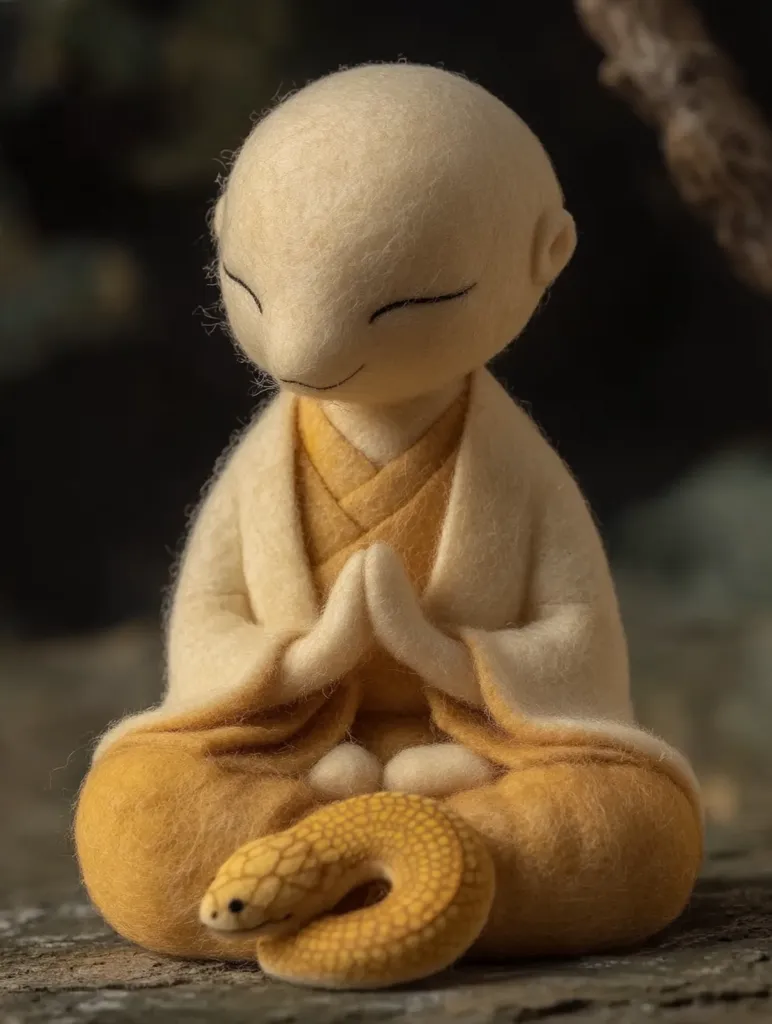 A small, hand-crafted figurine of a person, likely a monk, sits with their legs crossed, meditating. They are made of soft, cream and yellow felt and have a serene expression. Their hands are clasped together in front of them. A small, yellow snake curls around their legs. The figurine sits on a rough, wooden surface.