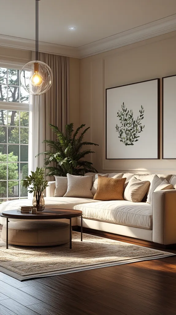 A spacious living room with a large white sectional sofa, a round coffee table and a large window with a view of trees. The room has a light and airy feel with beige walls, white curtains and a large potted plant. The sofa is adorned with beige and brown throw pillows. A large, framed print depicting a leafy branch hangs on the wall above the sofa.  A globe-shaped light fixture hangs from the ceiling.  The room has hardwood floors, a rug and an overall sense of calm and tranquility.