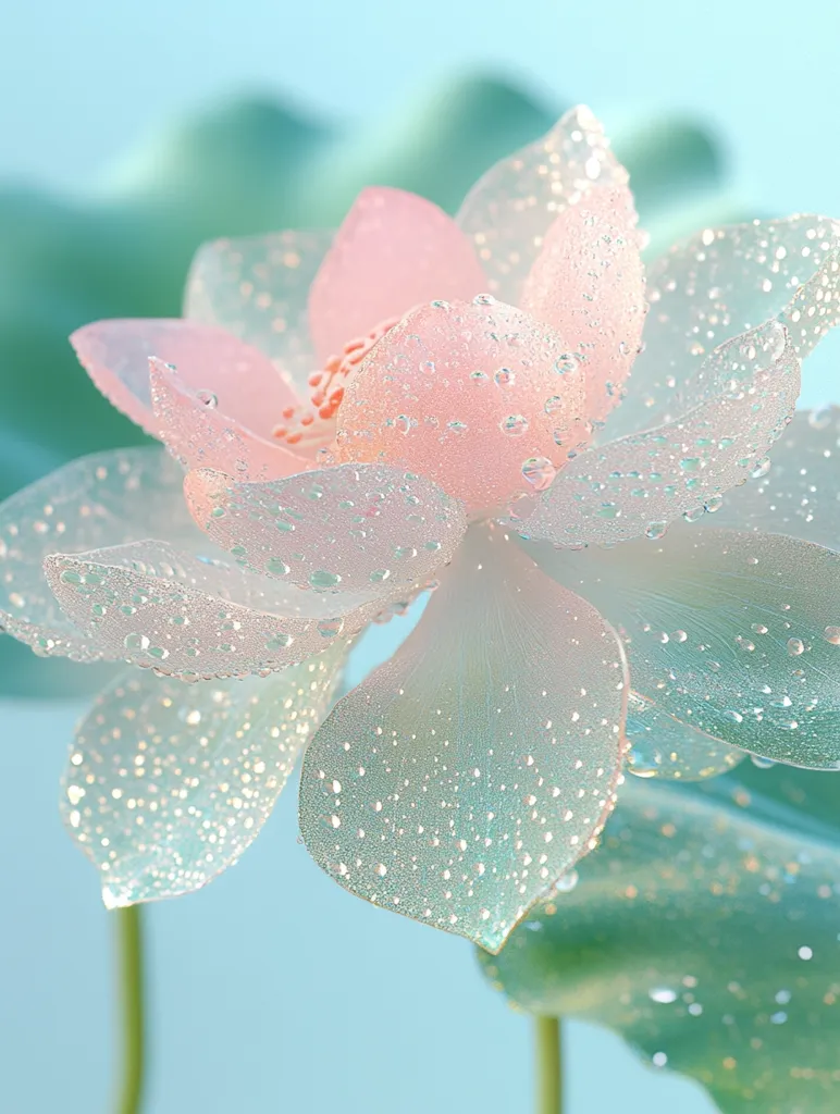The image shows a close-up of a delicate, pink flower with petals covered in tiny water droplets. The flower is set against a soft, blue and green background, creating a dreamy and ethereal atmosphere. The light reflects off the water droplets, giving the flower a shimmering, iridescent quality. The image captures the beauty and fragility of nature.