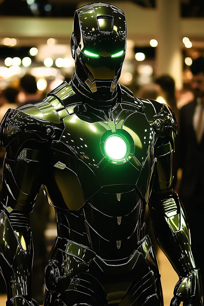 A futuristic, metallic figure stands in a dimly lit space. The figure is clad in a sleek, black suit with green accents, and a helmet that resembles a stylized face with glowing green eyes. The figure's chest has a glowing green circular light in the center, creating a striking contrast against the dark armor. The figure's posture is powerful and slightly menacing, highlighting its strength and imposing presence. The background is blurred, emphasizing the figure as the focal point of the image.