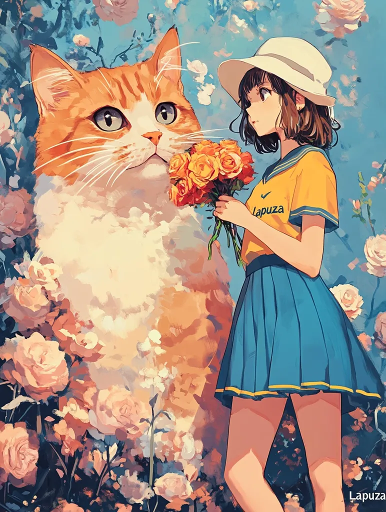 The image depicts a young anime girl with brown hair and a yellow shirt standing in a field of flowers with a large orange cat beside her. The girl is holding a bouquet of yellow roses, and her expression is gentle and thoughtful. The background is a vibrant blue with pink flowers and foliage. The overall style of the artwork is whimsical and colorful, and it conveys a sense of peace and tranquility.  The girl and the cat are the focal point of the image, and their poses suggest a strong connection between them. The artist has skillfully used light and shadow to create depth and dimension, and the colors are rich and saturated. The image is a beautiful and heartwarming depiction of friendship between a girl and a cat.