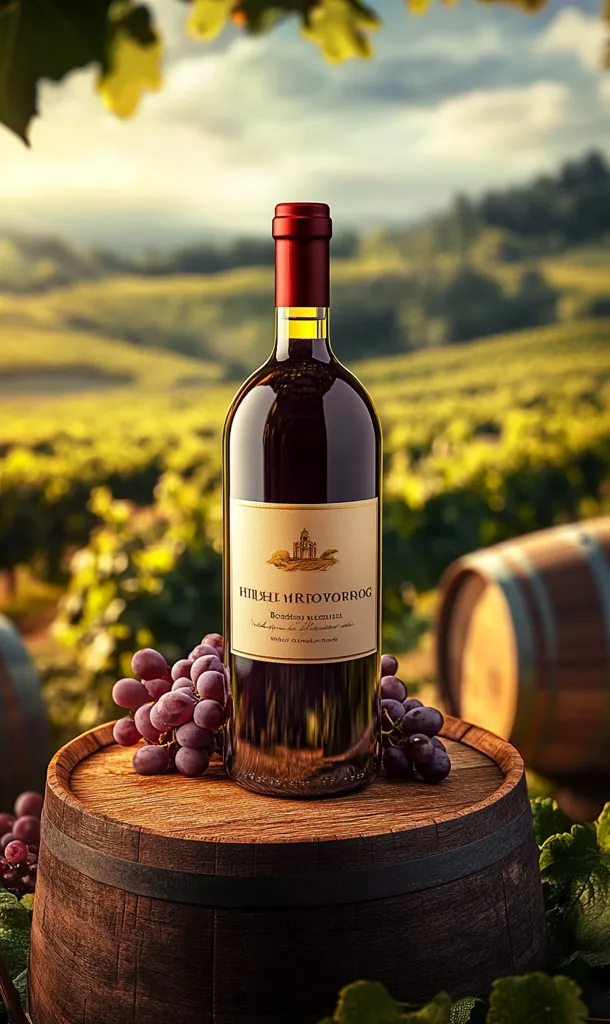 A bottle of red wine, "Hıhıl Hrıoyorrog," sits atop a wooden barrel, surrounded by grapes and a vineyard landscape in the background. The bottle has a golden label with an illustration of a castle and a vintage design, suggestive of a high-quality wine. The barrel is weathered and rustic, adding to the image's ambiance of tradition and craftsmanship. The scene is bathed in soft, golden sunlight, creating a warm and inviting atmosphere.