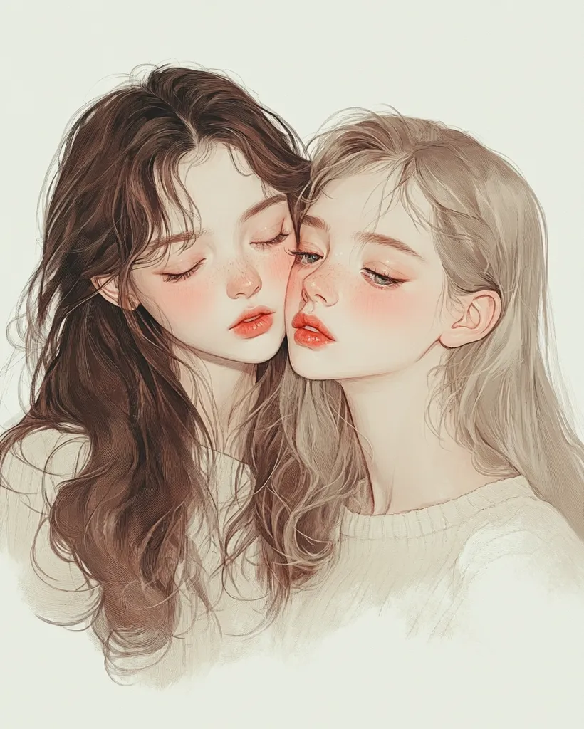 Two young women, one with long brown hair and the other with long blonde hair, are drawn in an anime style.  They are close together, with the blonde woman’s head resting against the brown-haired woman’s shoulder.  They are both looking at the viewer, and their eyes are closed.  Both women have light rosy cheeks, and they have slightly open mouths. The women are dressed in light-colored shirts.  The image is drawn in a soft, delicate style.  It conveys a sense of intimacy and affection.