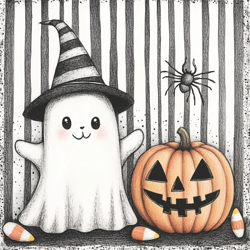 A cute ghost wearing a witch hat stands to the left of a smiling jack-o'-lantern. Both are on a black and white striped background with candy corn on the bottom. A small spider hangs above. The image is drawn in a simple, cartoon style.