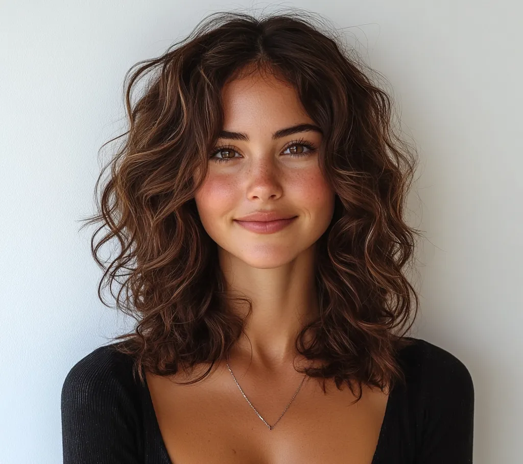A young woman with long, wavy brown hair is smiling softly at the camera. Her skin is fair and her eyes are brown. She is wearing a black top and a thin silver necklace. The background is a plain white wall.  She has a natural and approachable look.
