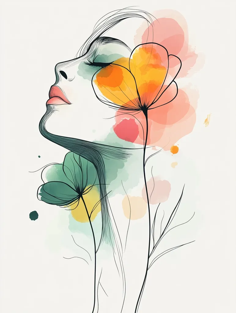The image depicts a woman's face outlined in black with her eyes closed. She is surrounded by stylized flowers and watercolor splashes in shades of pink, green, yellow, and orange. The image creates a sense of peace and tranquility. The woman's relaxed expression and the delicate floral accents suggest a feeling of serenity and beauty.