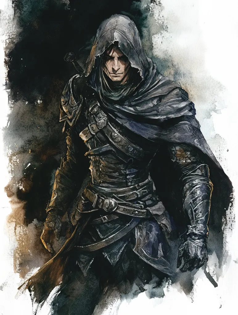 The image depicts a man dressed in a dark, hooded cloak. The man's face is partially hidden by the hood, but his intense gaze and strong jawline are visible. His armor is intricate and detailed, and a sword is strapped to his side. The background is a blurry wash of dark colors, suggesting a mysterious and dangerous setting. The overall tone of the image is dark and brooding, suggesting the man is a warrior or adventurer facing a perilous challenge.