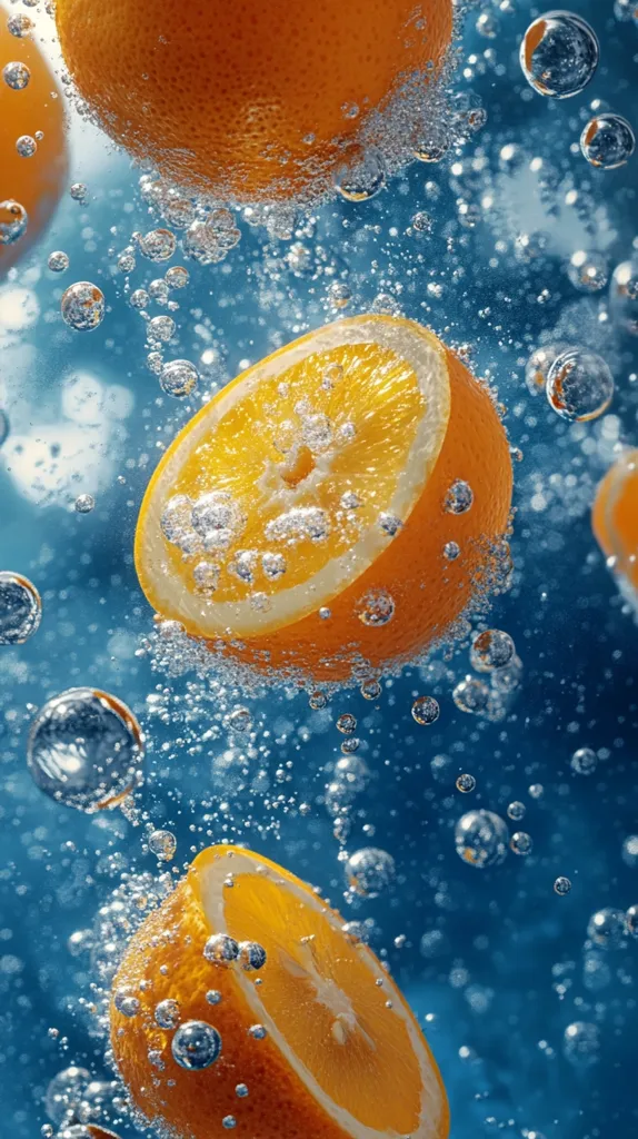 Three orange slices float in a blue liquid, surrounded by bubbles of varying sizes. The liquid is shimmering, creating a sense of movement and buoyancy. The oranges have a vibrant, juicy appearance, suggesting freshness and flavor. The image captures a moment of playful effervescence, highlighting the contrasting textures and colors of the fruit and liquid.