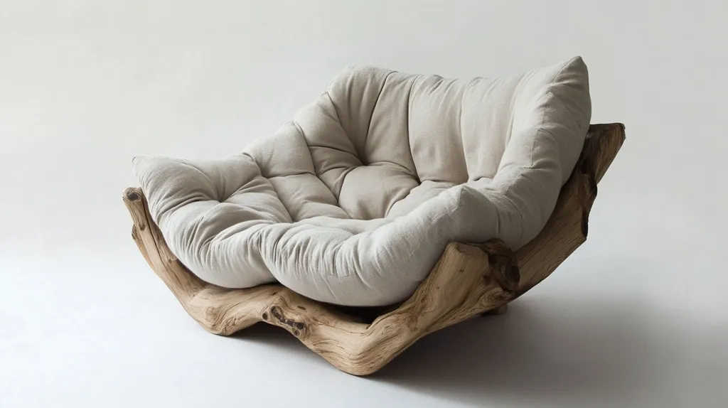 The image shows a unique, organic-shaped chair made from a large piece of driftwood. A thick, off-white cushion sits within the wood frame, creating a comfortable and inviting seat. The chair's natural materials and rustic aesthetic give it a cozy and earthy feel, reminiscent of a forest or beach setting. The simple design and the natural textures create a sense of peace and tranquility.