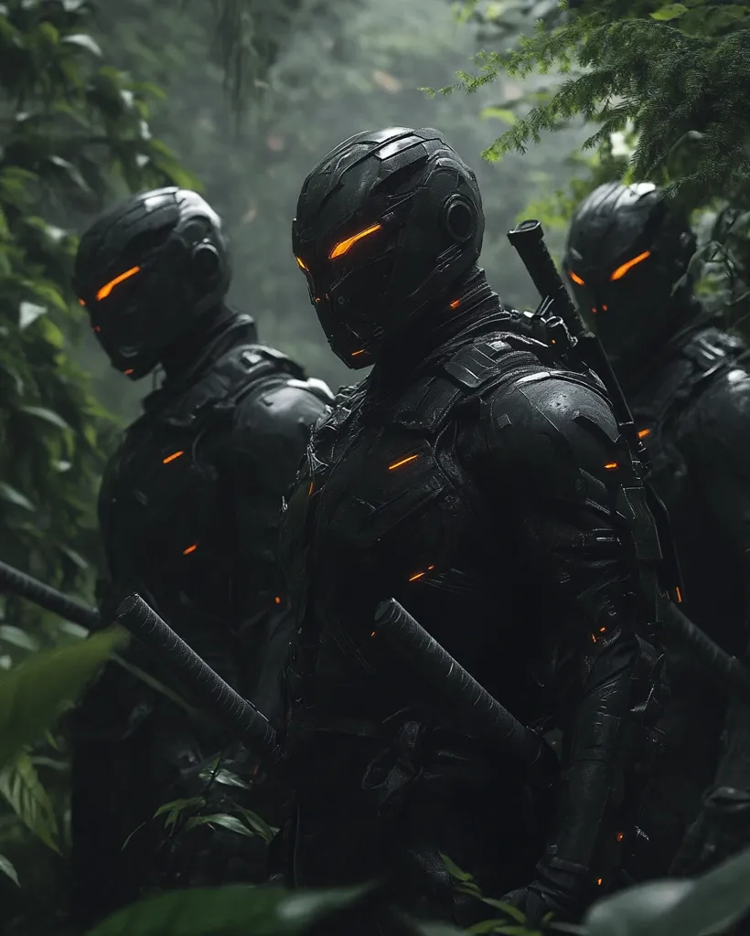 Three figures clad in black futuristic armor and helmets with glowing orange eyes stand in a dense jungle, their weapons obscured by the foliage. The image evokes a sense of mystery and intrigue, suggesting a covert operation or a futuristic conflict. The dark background and obscured faces emphasize the unknown nature of the figures.
