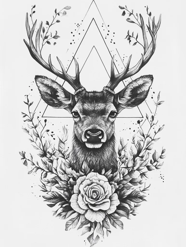 A detailed black and white drawing of a deer's head framed by a geometric triangle. The deer's antlers are adorned with delicate floral vines. Below, a large rose blossoms amidst a bed of lush leaves, adding a touch of romance to the otherwise stark composition.  The image is rendered in a realistic style with intricate detail, highlighting the delicate beauty of nature.