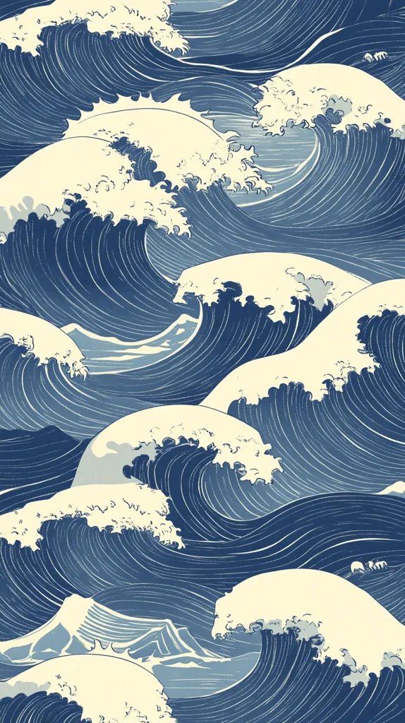 The image depicts a stylized representation of ocean waves, with a predominantly blue and white color scheme. The waves are depicted in a graphic, almost geometric style, with the lines of the waves forming a repeating pattern. The image suggests a sense of movement and energy, with the waves crashing and swirling in a seemingly endless cycle. The image may be reminiscent of traditional Japanese woodblock prints, which often featured stylized depictions of nature.