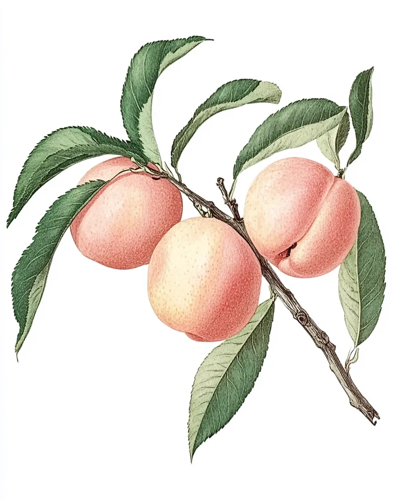 A detailed illustration of a peach branch with three ripe peaches. The peaches are a soft pink color and have a slight fuzz. The leaves are a vibrant green and have a delicate texture. The illustration is set against a white background, highlighting the vibrant colors of the fruit and foliage.