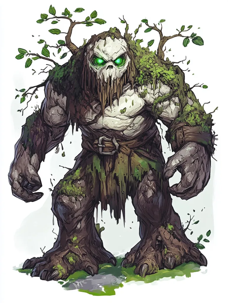 A monstrous figure stands with a skeletal face, glowing green eyes, and a mouth that seems to be dripping. The creature is covered in moss and vines, with a tree growing from its head. Its large, muscular arms are covered in bark, and it has two large feet with long, sharp claws.  The figure is a grotesque amalgamation of flesh, bone, and vegetation.  It is a menacing and intimidating creature.