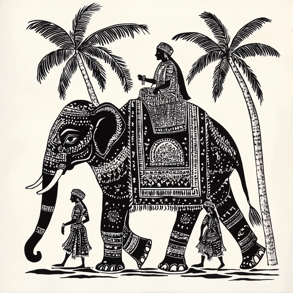 A black and white illustration of an elephant adorned with intricate patterns. A woman sits on the elephant's back, and two figures walk beside it. The elephant walks towards the right side of the image, while palm trees stand on either side. The background is white.