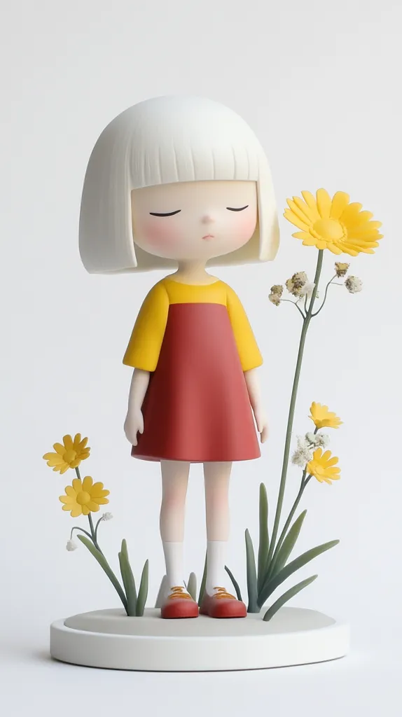 The image depicts a figurine of a young girl with white hair, wearing a red dress with a yellow collar and yellow shoes.  She is standing on a round base with green grass and yellow flowers around her. The figurine has a serene and slightly melancholic expression, with her eyes closed. The colors are muted and soft, creating a calming and whimsical atmosphere.  The image is likely from a contemporary art collection or designed for a children's book or toy.  The figurine's simple design and delicate features are reminiscent of a child's drawing.  It evokes feelings of innocence and wonder.