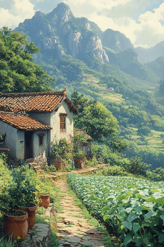 A quaint, whitewashed cottage sits nestled amidst lush greenery on a hillside. The roof is a warm brown, accented by terracotta pots overflowing with vibrant plants. A stone path winds its way through a field of leafy vegetables, leading towards the horizon. In the distance, towering mountains rise up, their peaks shrouded in a soft, blue haze. The scene exudes a sense of peace and serenity, capturing the beauty of rural life in a picturesque setting.