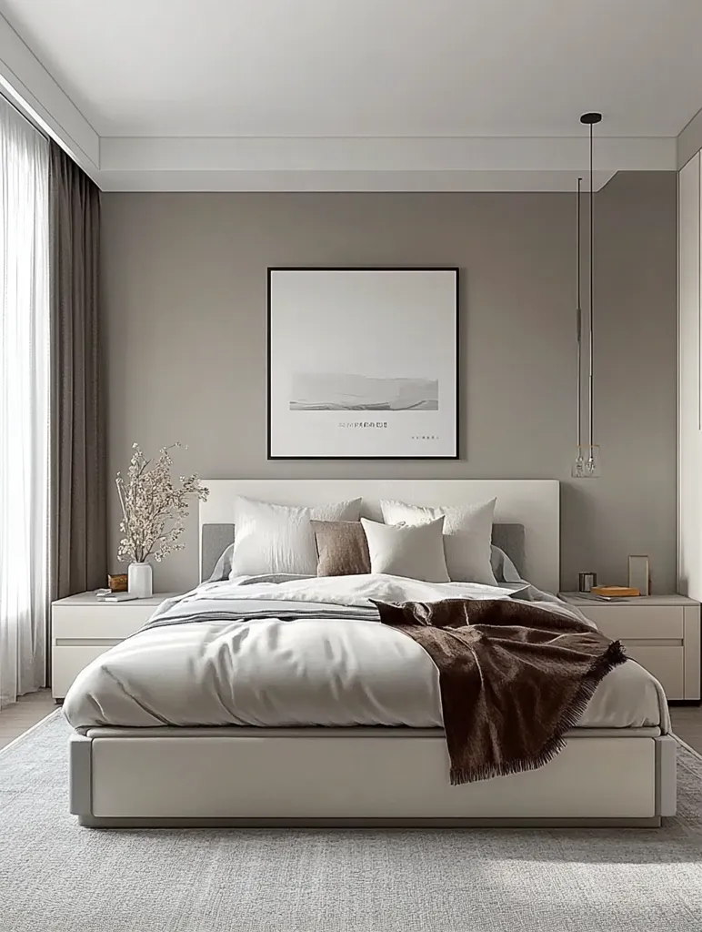 The image shows a modern bedroom with a large bed in the center, white bedding, a brown throw blanket, and a few pillows. There are two nightstands with drawers, a large window with sheer curtains, and a black and white framed picture on the wall. The room is painted in a neutral beige color, creating a calming atmosphere.  The lighting is soft and diffused, casting a gentle glow over the room.  The overall aesthetic is sleek, minimal, and inviting.