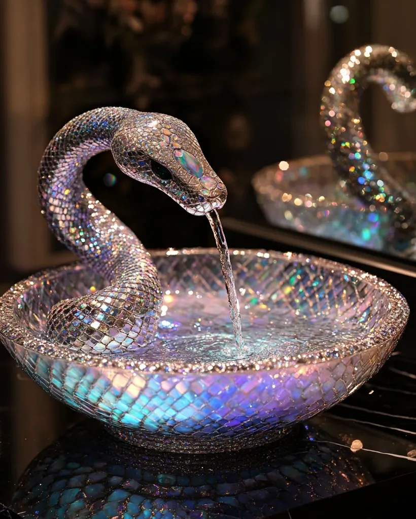 A shimmering, iridescent sink shaped like a snake pours water into a matching bowl, creating a captivating spectacle of light and movement. The intricate details of the snake's scales and the reflective surface of the sink create a mesmerizing visual effect. The water gushing from the snake's mouth adds a dynamic element, drawing the eye towards the center of the composition. The overall impression is one of luxury, sophistication, and a touch of whimsy.