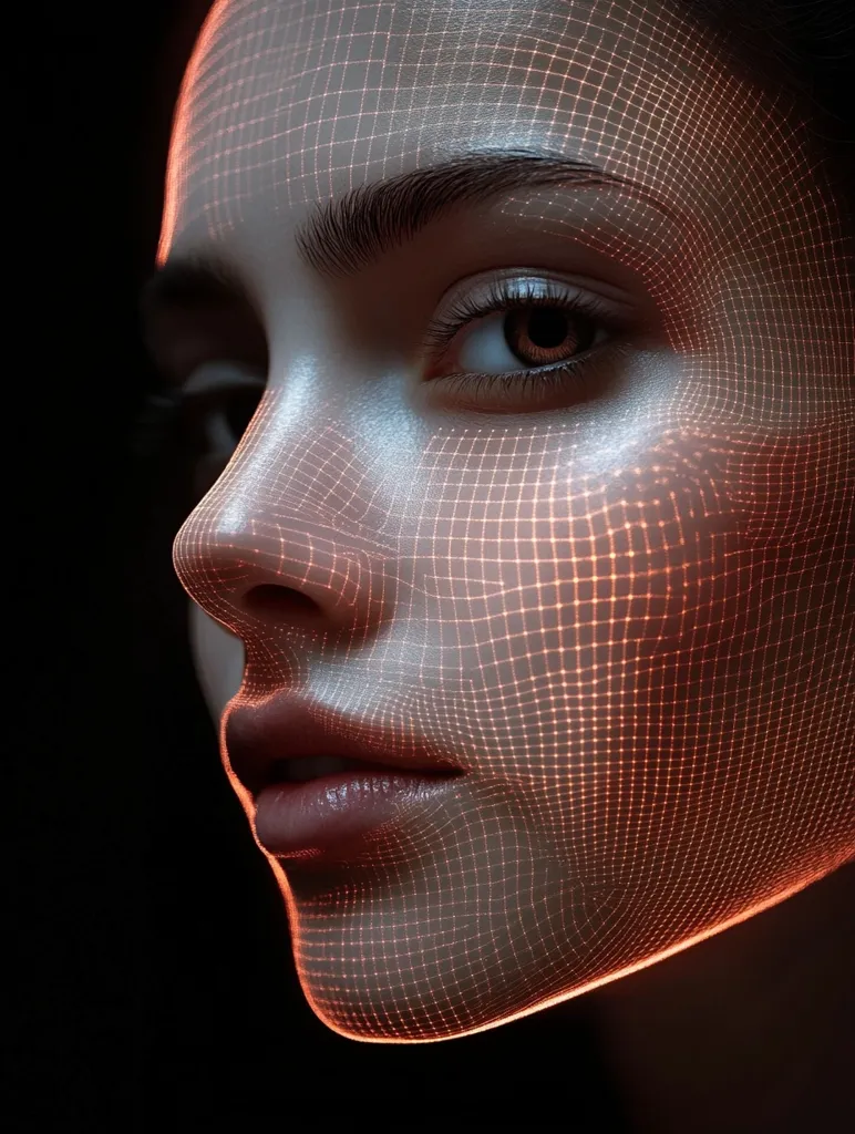 A close-up of a woman's face, illuminated by an orange grid pattern. The grid stretches across her forehead, cheek, and chin, emphasizing the contours of her features. Her dark, expressive eyes gaze off to the side. The image evokes a sense of both beauty and technology, suggesting a futuristic or digital aesthetic.
